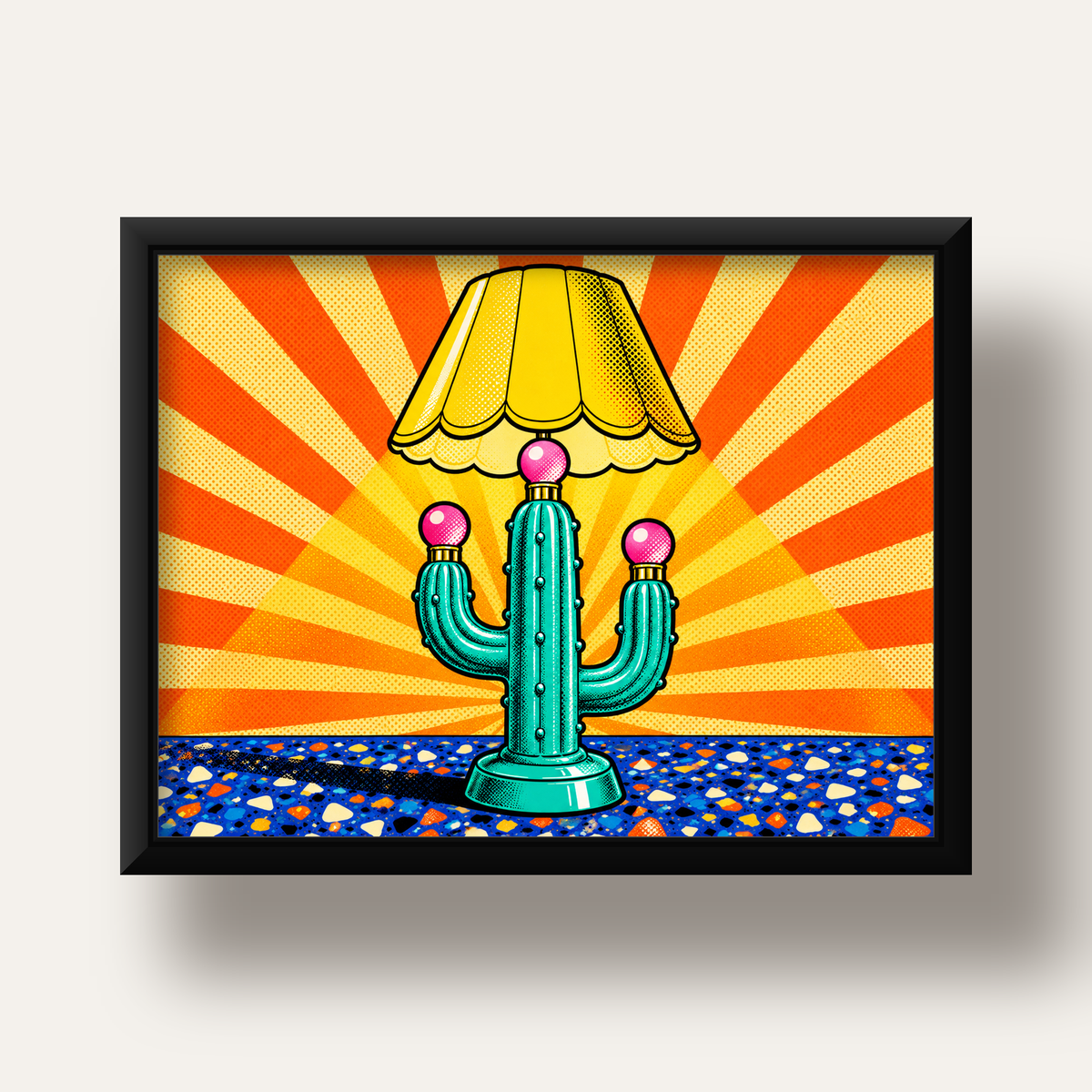 Kaktüs Abajur Pop Art Poster – Renkli Retro Çizgi Roman Tasarımı — siyah derin çerçeveli