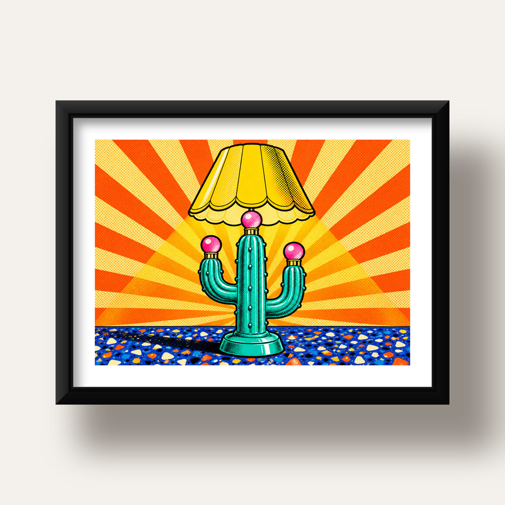 Kaktüs Abajur Pop Art Poster – Renkli Retro Çizgi Roman Tasarımı — siyah derin çerçeveli paspartulu