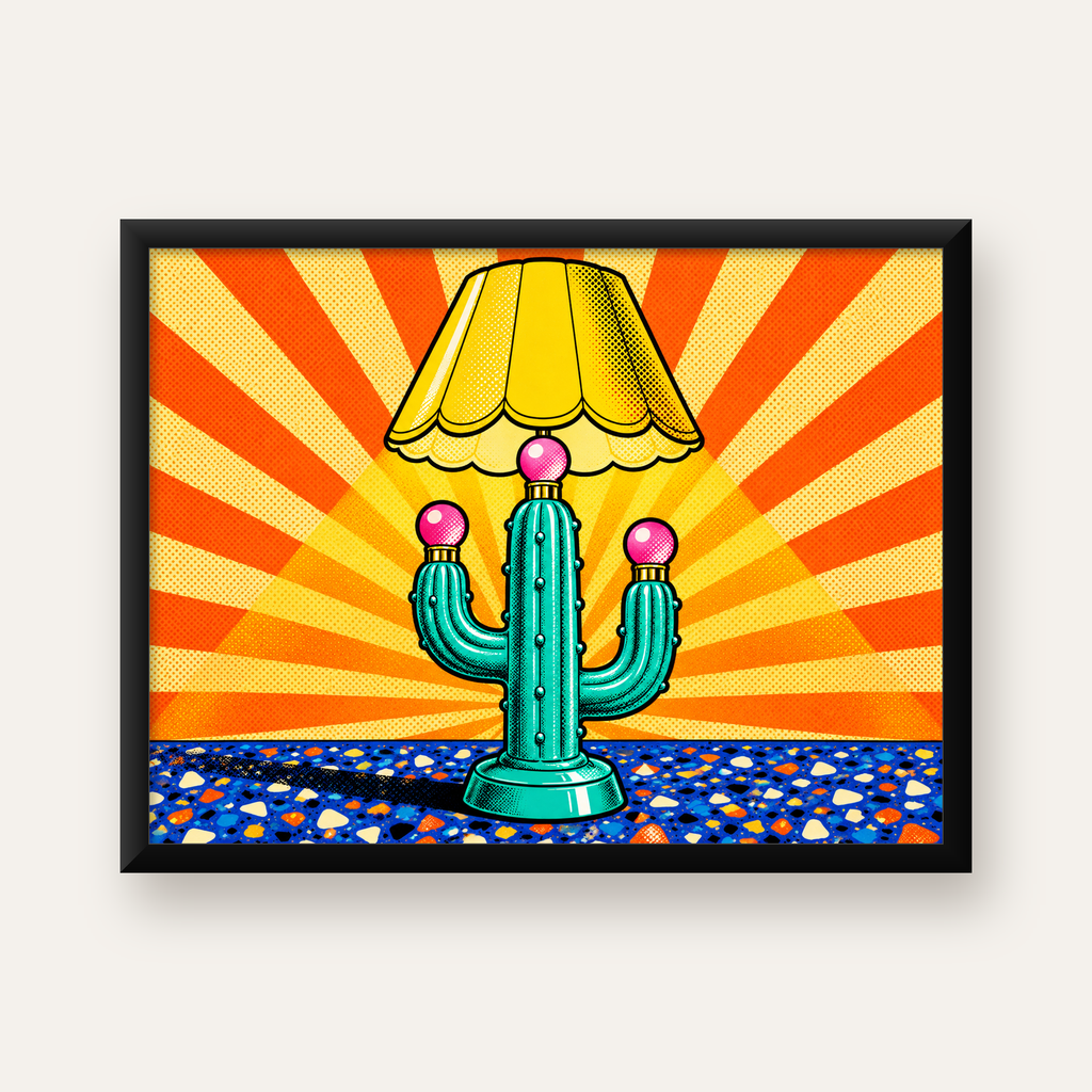 Kaktüs Abajur Pop Art Poster – Renkli Retro Çizgi Roman Tasarımı — Yatay baskı, düz siyah çerçeveli duvar posteri