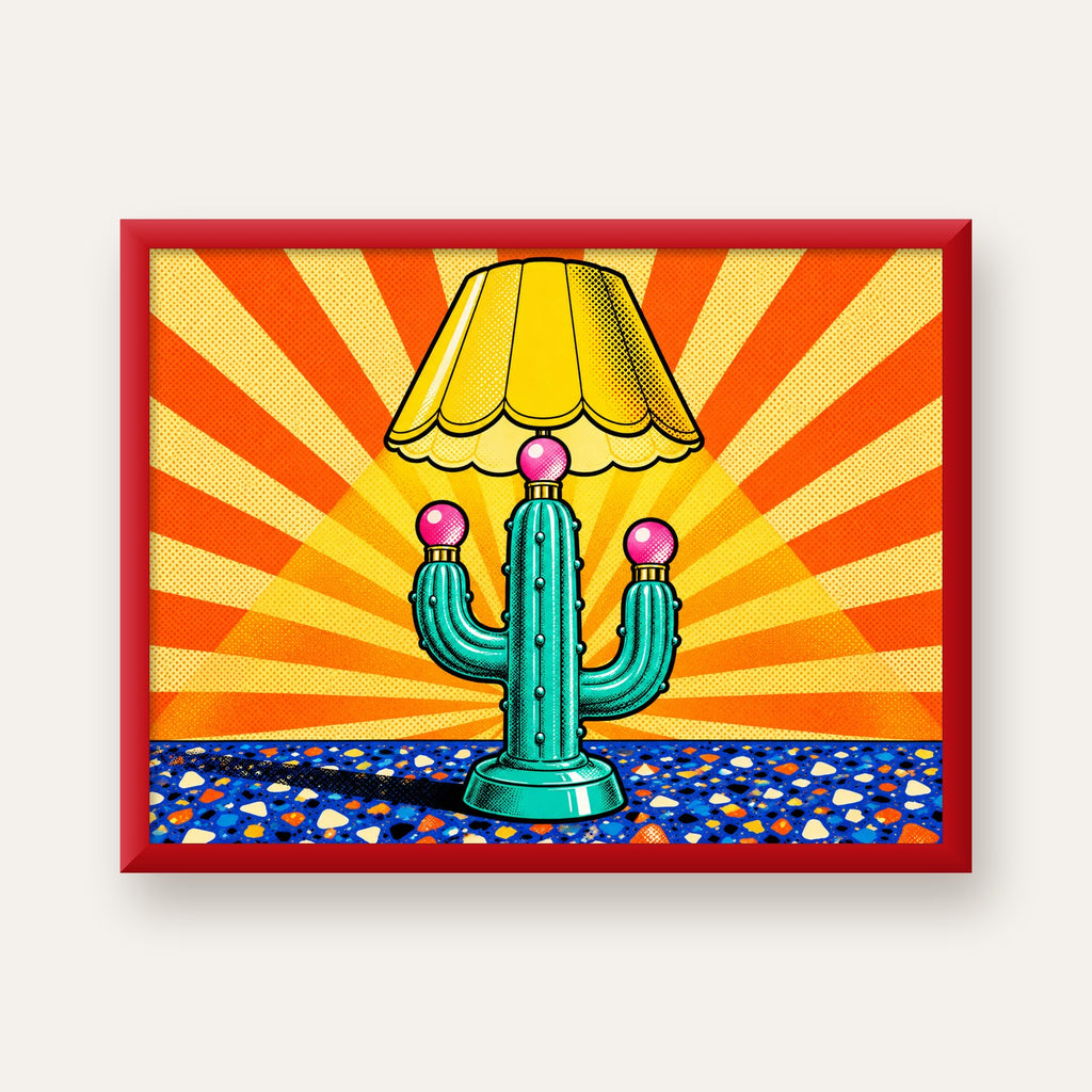 Kaktüs Abajur Pop Art Poster – Renkli Retro Çizgi Roman Tasarımı — kırmızı çerçeveli