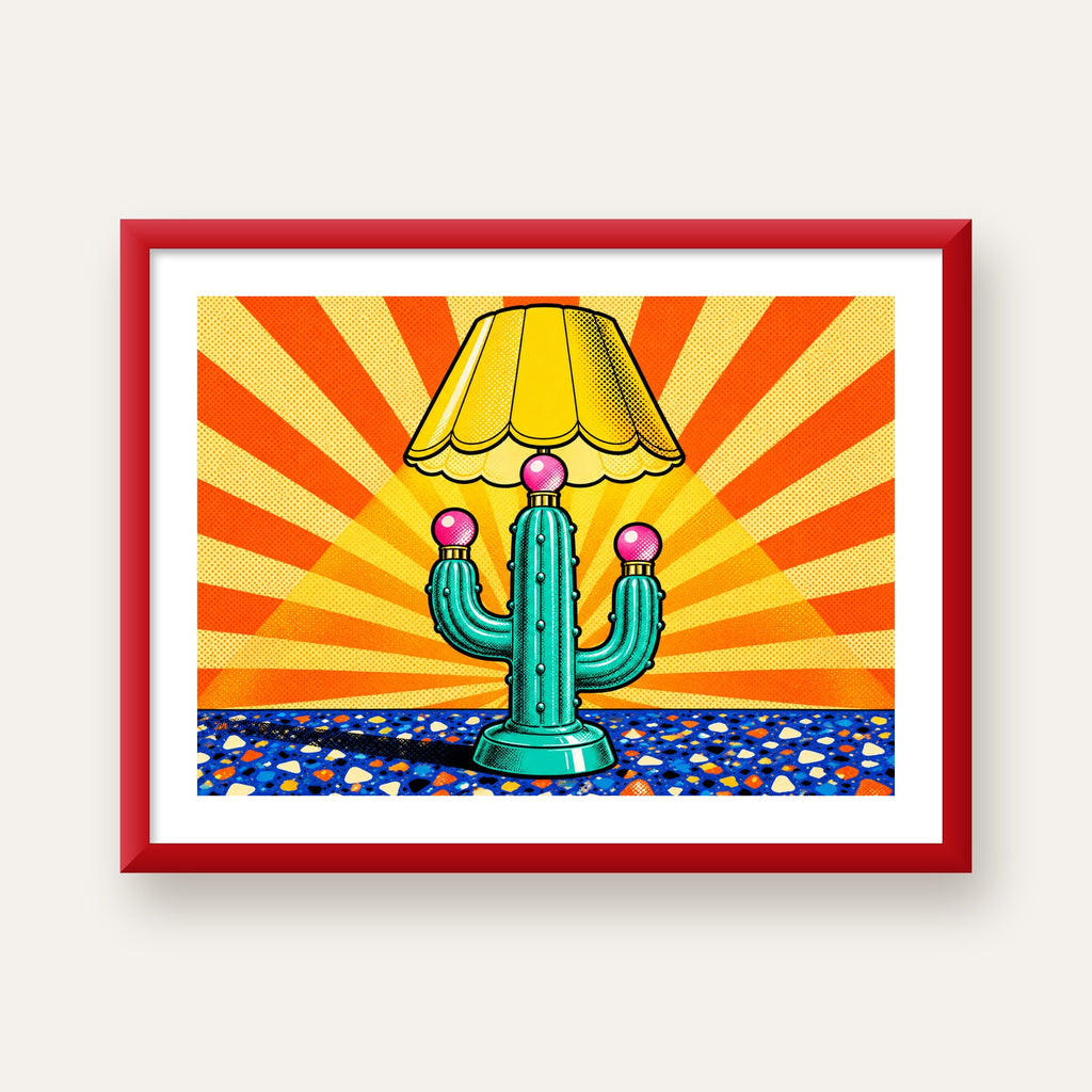 Kaktüs Abajur Pop Art Poster – Renkli Retro Çizgi Roman Tasarımı — kırmızı çerçeveli paspartulu