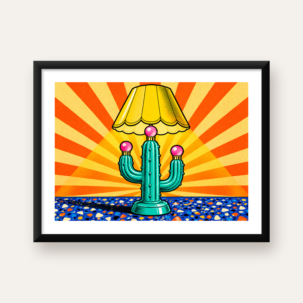 Kaktüs Abajur Pop Art Poster – Renkli Retro Çizgi Roman Tasarımı — Yatay baskı, beyaz paspartulu