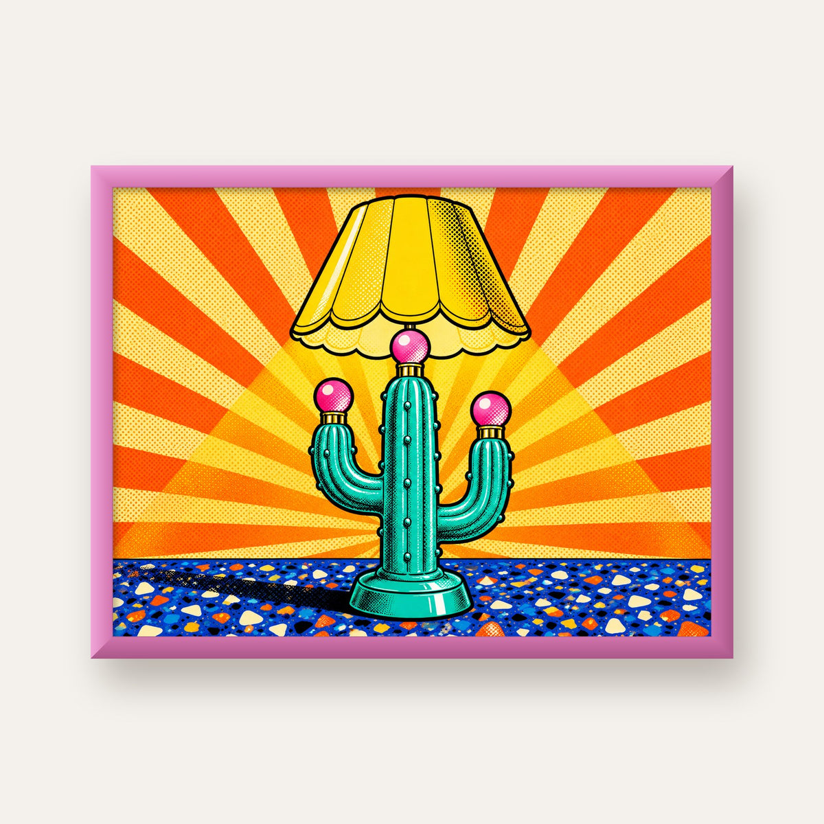 Kaktüs Abajur Pop Art Poster – Renkli Retro Çizgi Roman Tasarımı — pembe çerçeveli