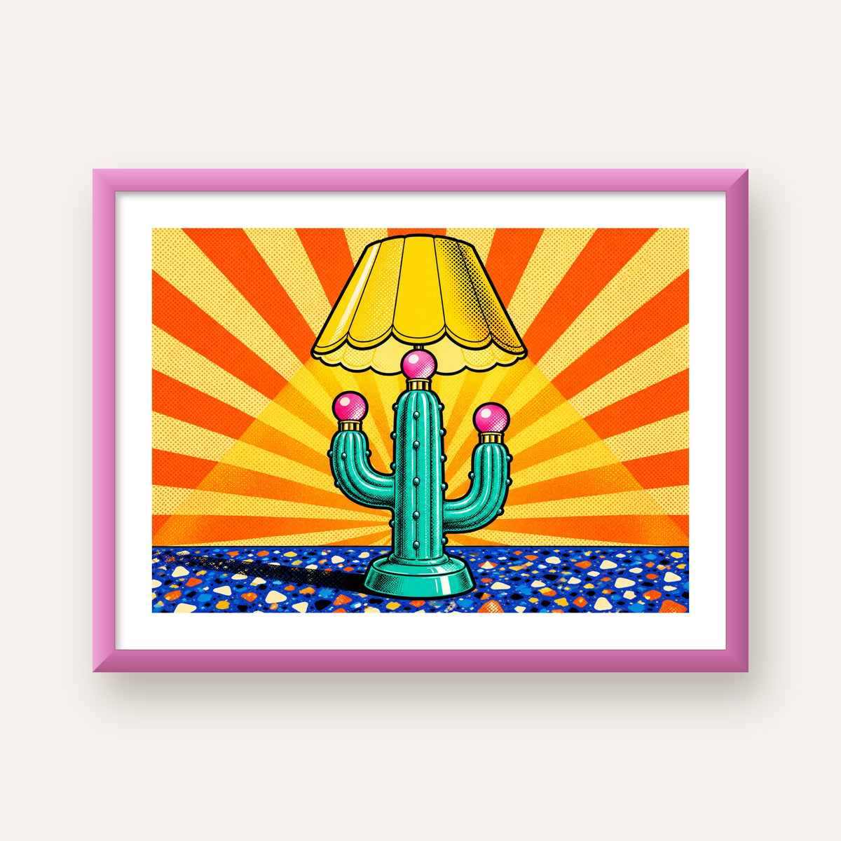 Kaktüs Abajur Pop Art Poster – Renkli Retro Çizgi Roman Tasarımı — pembe çerçeveli paspartulu