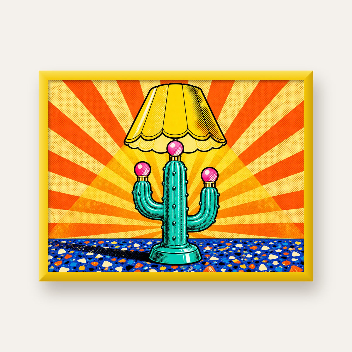 Kaktüs Abajur Pop Art Poster – Renkli Retro Çizgi Roman Tasarımı — sarı çerçeveli