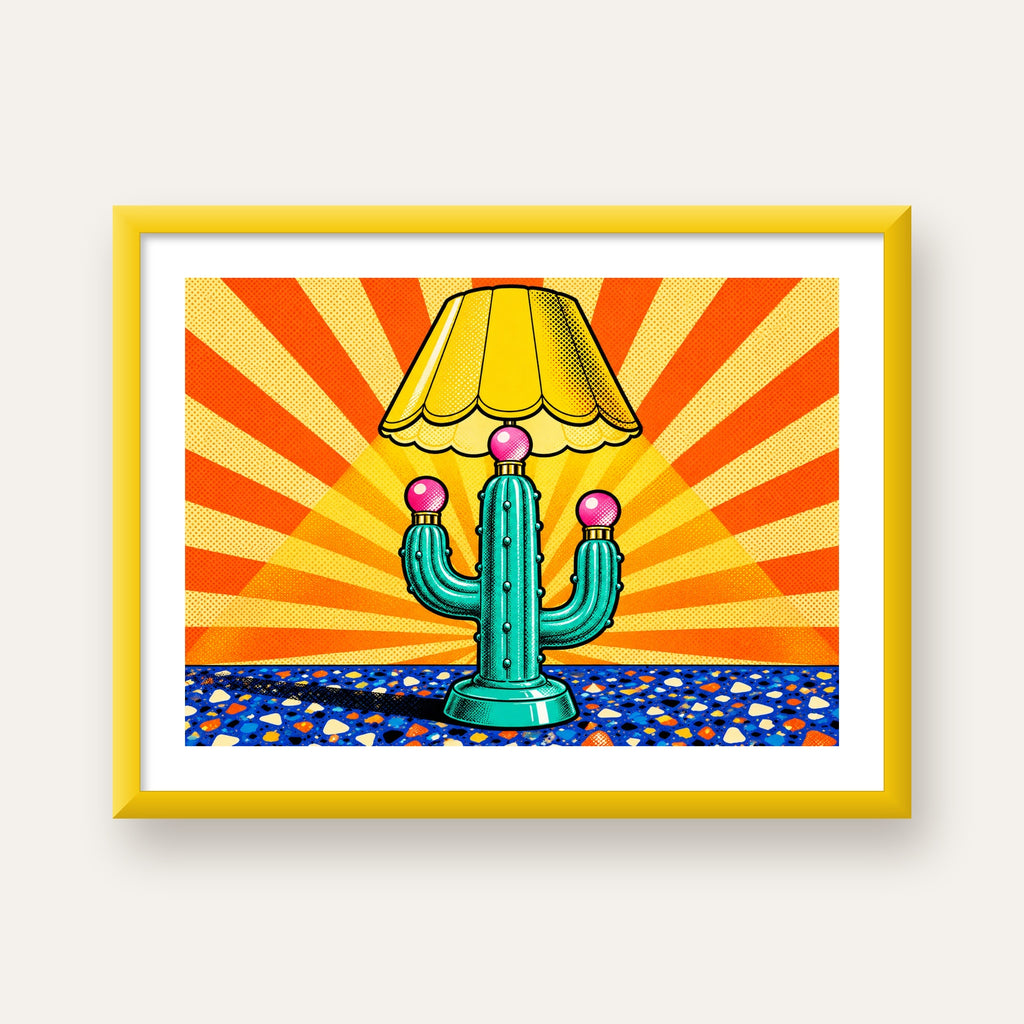 Kaktüs Abajur Pop Art Poster – Renkli Retro Çizgi Roman Tasarımı — sarı çerçeveli paspartulu