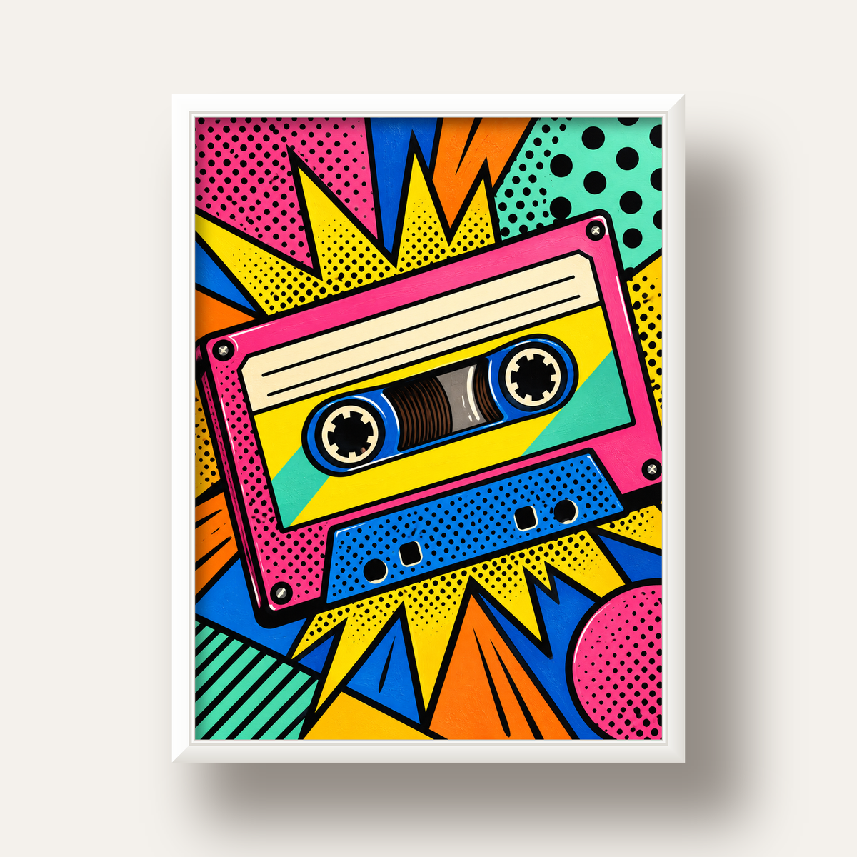 Renkli Kaset Pop Art Poster – Dinamik Çizgi Roman Tasarımı — beyaz derin çerçeveli