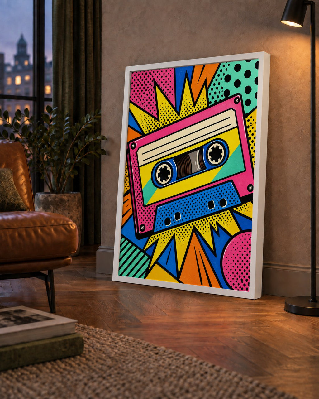 Renkli Kaset Pop Art Poster – Dinamik Çizgi Roman Tasarımı — çerçeveli hâliyle bir ev duvarında