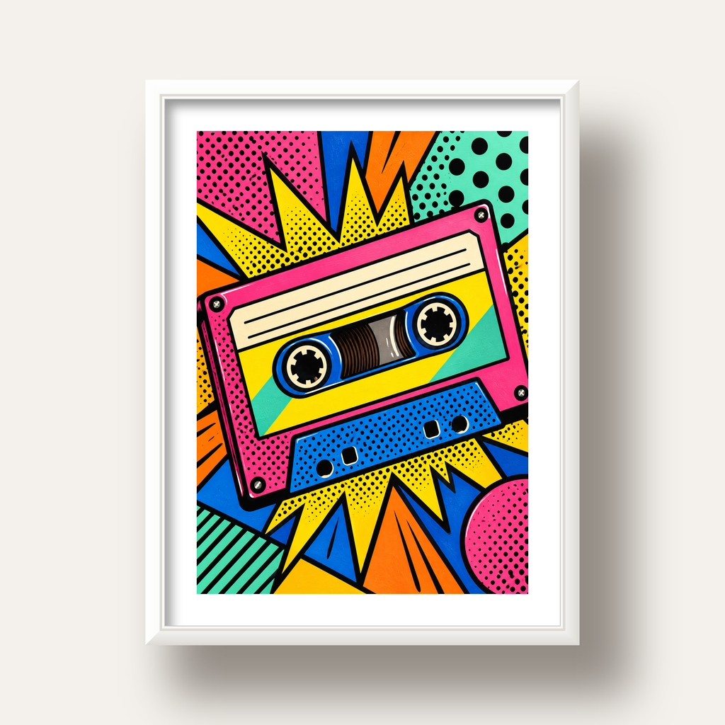 Renkli Kaset Pop Art Poster – Dinamik Çizgi Roman Tasarımı — beyaz derin çerçeveli paspartulu