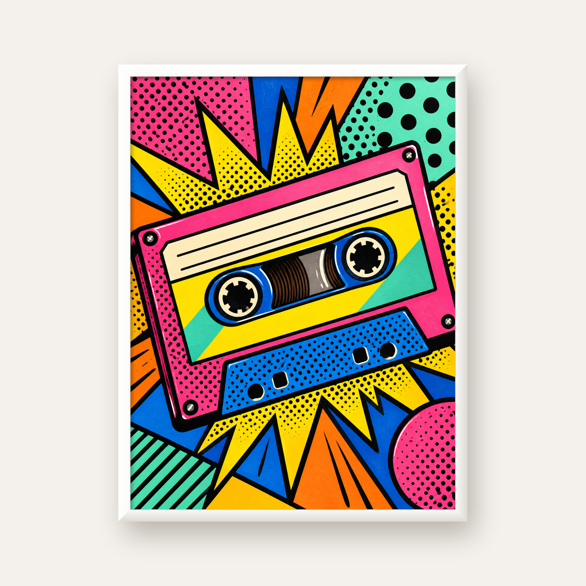 Renkli Kaset Pop Art Poster – Dinamik Çizgi Roman Tasarımı — beyaz çerçeveli dikey poster