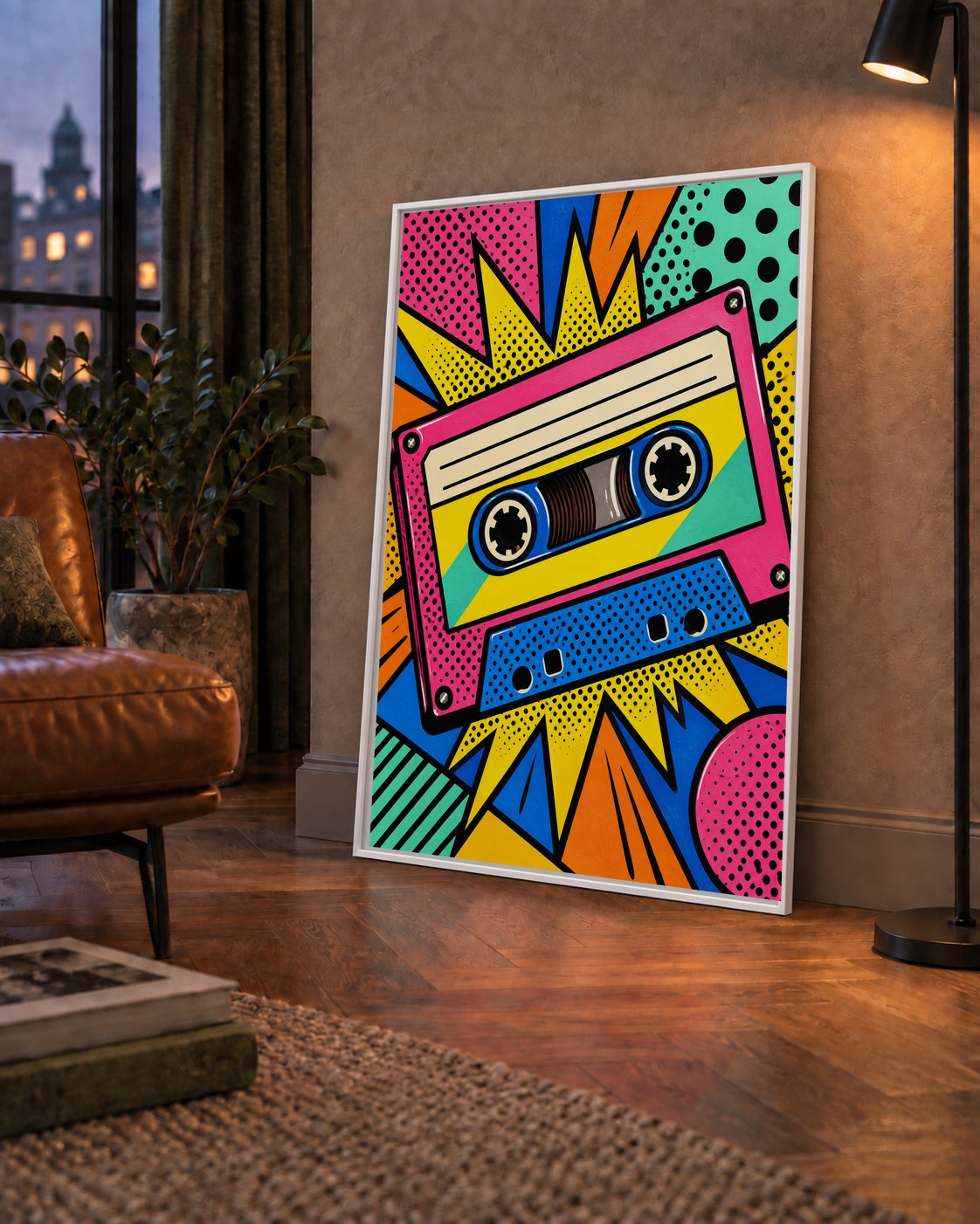 Renkli Kaset Pop Art Poster – Dinamik Çizgi Roman Tasarımı — çerçeveli hâliyle bir ev duvarında