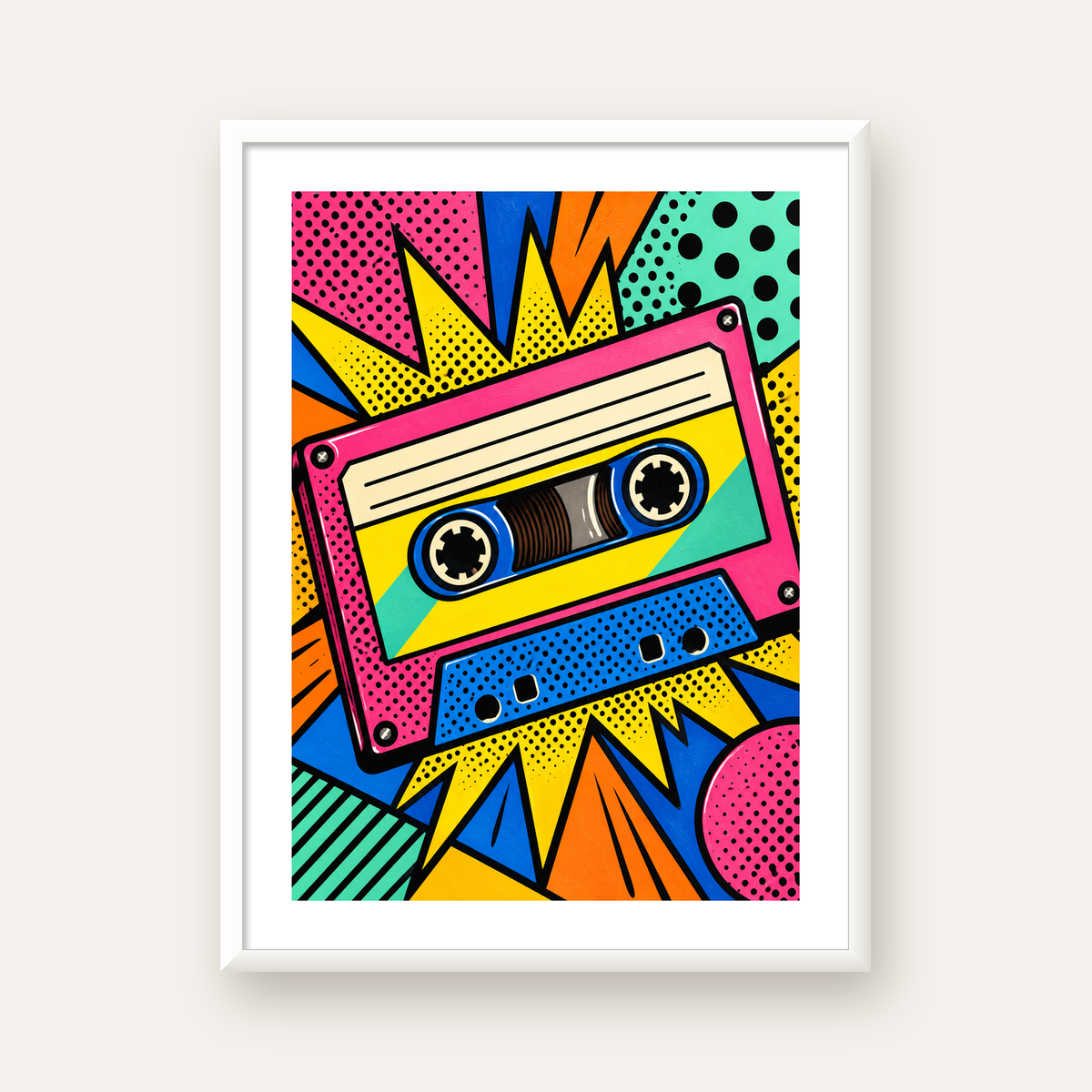Renkli Kaset Pop Art Poster – Dinamik Çizgi Roman Tasarımı — beyaz çerçeveli dikey poster