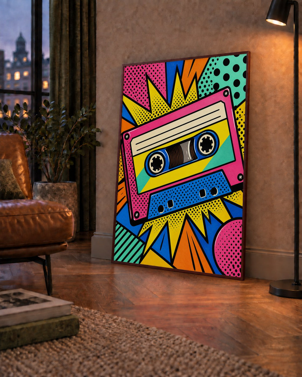 Renkli Kaset Pop Art Poster – Dinamik Çizgi Roman Tasarımı — çerçeveli hâliyle bir ev duvarında