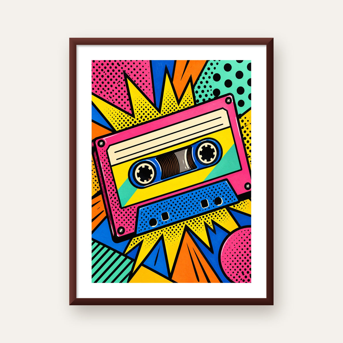 Renkli Kaset Pop Art Poster – Dinamik Çizgi Roman Tasarımı — ceviz çerçeveli paspartulu