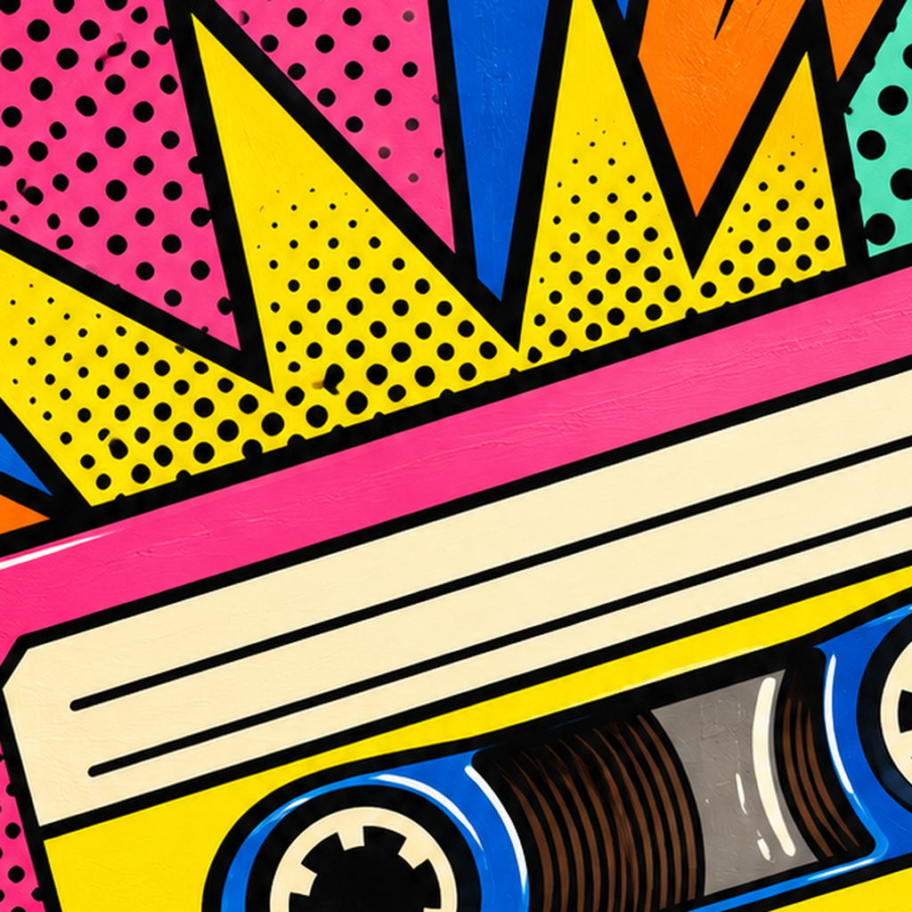 Renkli Kaset Pop Art Poster – Dinamik Çizgi Roman Tasarımı — baskının yakın çekimi, kâğıt dokusu ve renk detayı