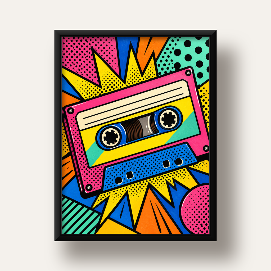 Renkli Kaset Pop Art Poster – Dinamik Çizgi Roman Tasarımı — siyah derin çerçeveli
