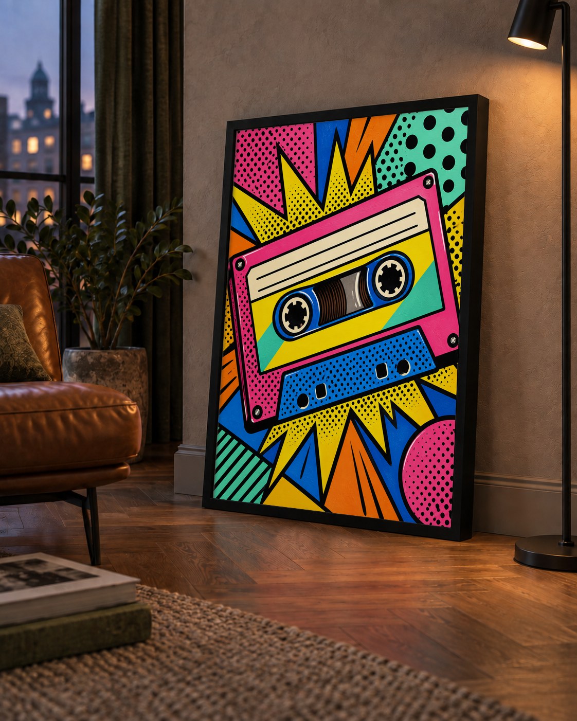 Renkli Kaset Pop Art Poster – Dinamik Çizgi Roman Tasarımı — çerçeveli hâliyle bir ev duvarında