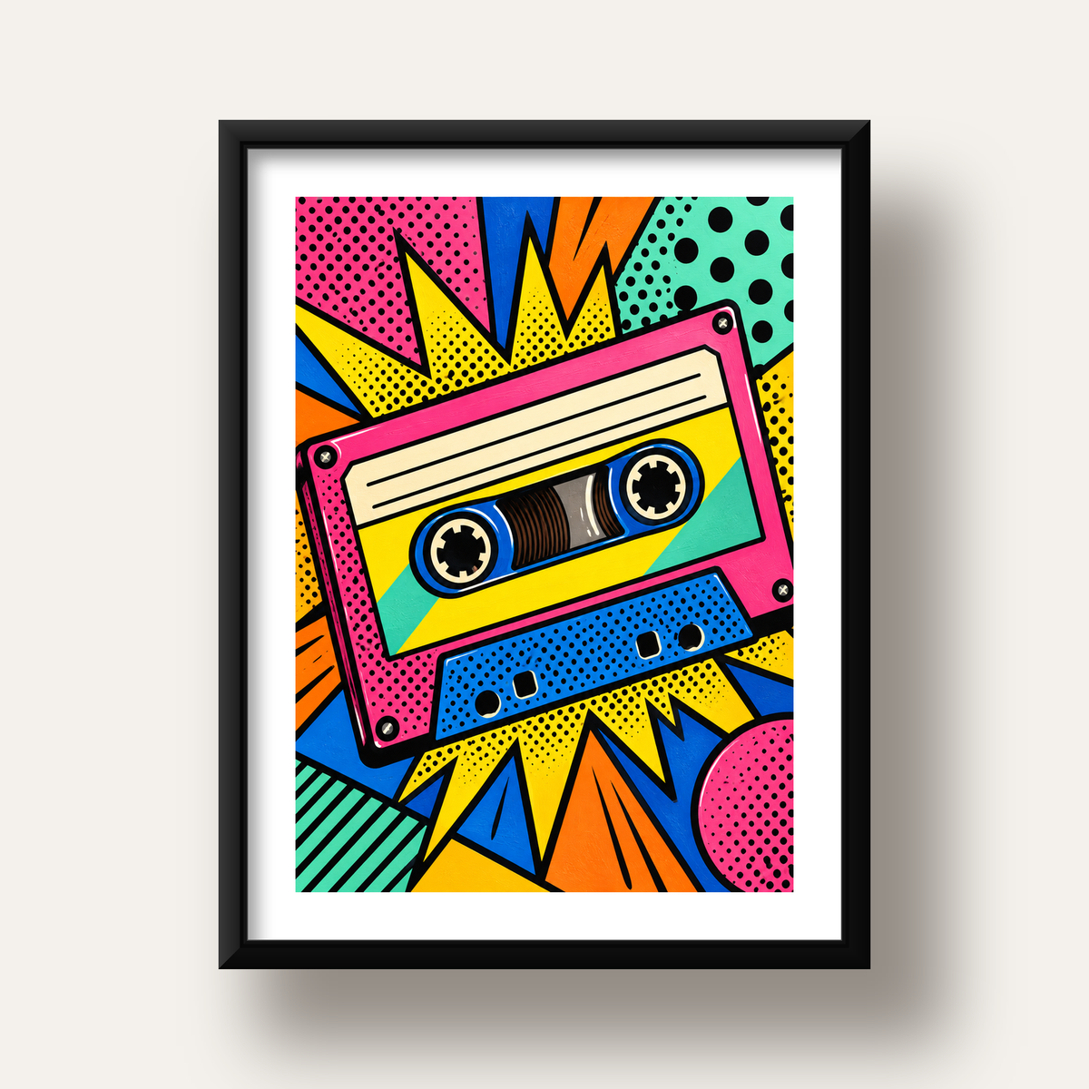 Renkli Kaset Pop Art Poster – Dinamik Çizgi Roman Tasarımı — siyah derin çerçeveli paspartulu