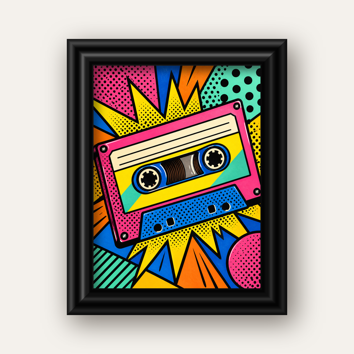 Renkli Kaset Pop Art Poster – Dinamik Çizgi Roman Tasarımı — siyah galeri çerçeveli