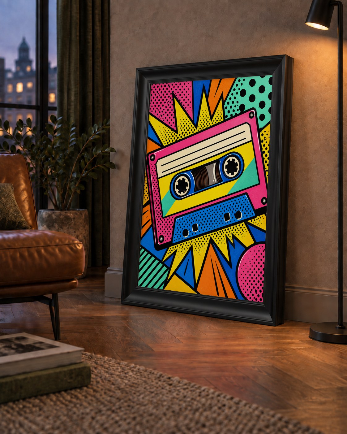Renkli Kaset Pop Art Poster – Dinamik Çizgi Roman Tasarımı — çerçeveli hâliyle bir ev duvarında