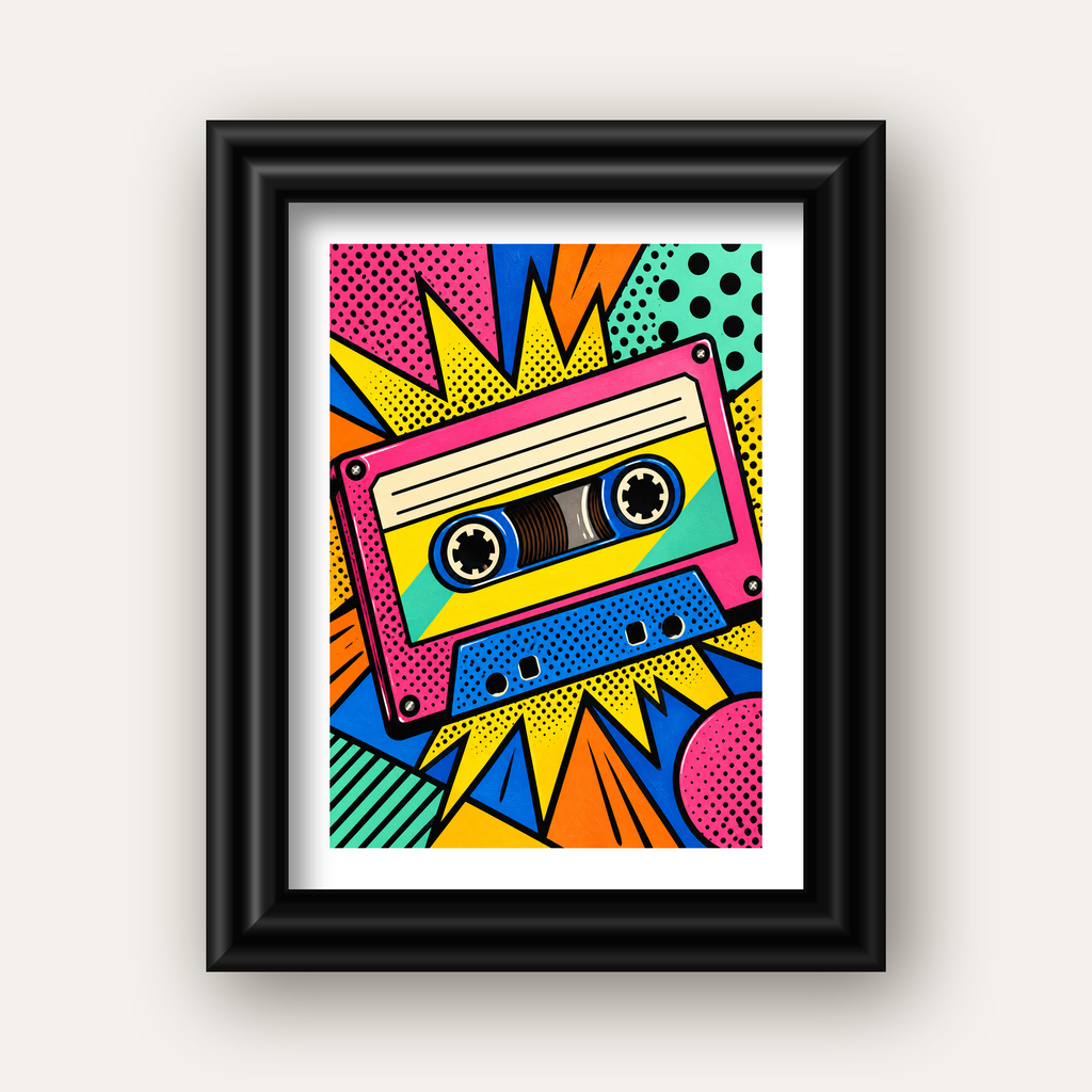 Renkli Kaset Pop Art Poster – Dinamik Çizgi Roman Tasarımı — siyah galeri çerçeveli paspartulu