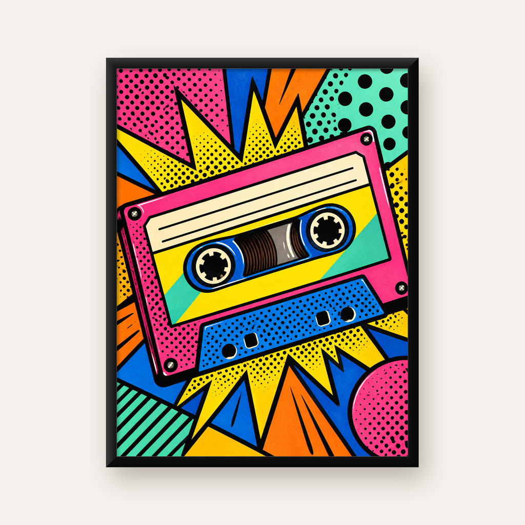 Renkli Kaset Pop Art Poster – Dinamik Çizgi Roman Tasarımı — Dikey baskı, düz siyah çerçeveli duvar posteri