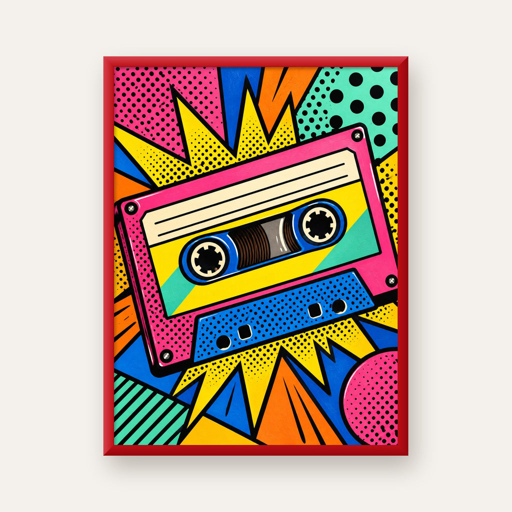 Renkli Kaset Pop Art Poster – Dinamik Çizgi Roman Tasarımı — kırmızı çerçeveli