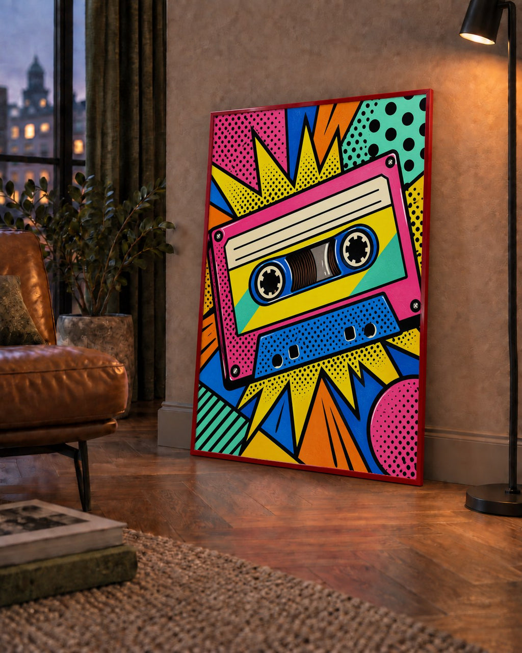 Renkli Kaset Pop Art Poster – Dinamik Çizgi Roman Tasarımı — çerçeveli hâliyle bir ev duvarında