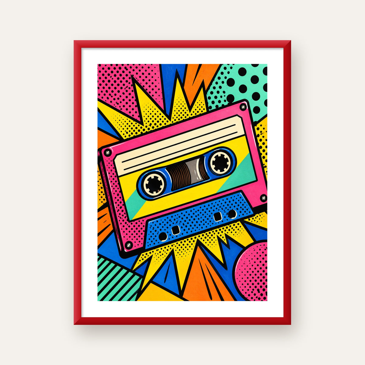 Renkli Kaset Pop Art Poster – Dinamik Çizgi Roman Tasarımı — kırmızı çerçeveli paspartulu