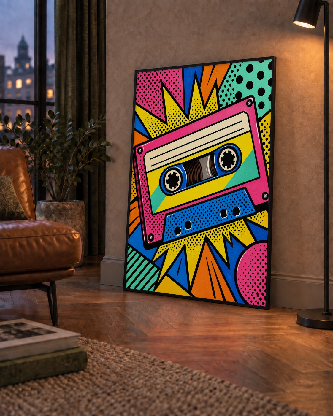 Renkli Kaset Pop Art Poster – Dinamik Çizgi Roman Tasarımı — çerçeveli hâliyle bir ev duvarında