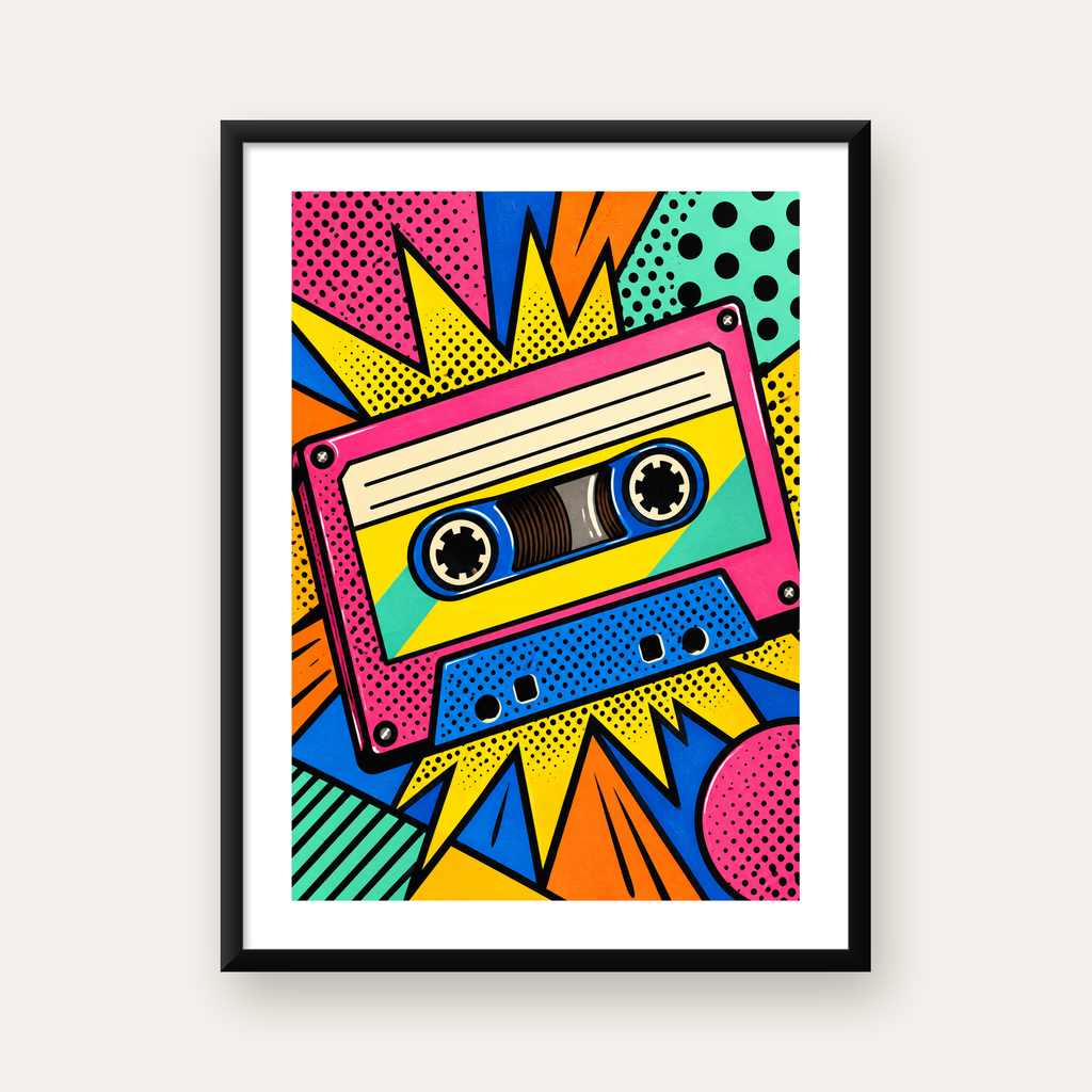 Renkli Kaset Pop Art Poster – Dinamik Çizgi Roman Tasarımı — Dikey baskı, beyaz paspartulu
