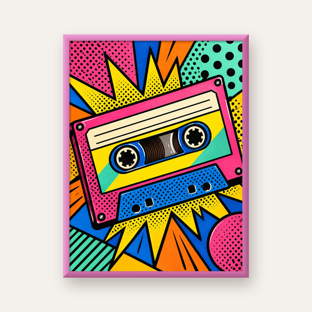 Renkli Kaset Pop Art Poster – Dinamik Çizgi Roman Tasarımı — pembe çerçeveli