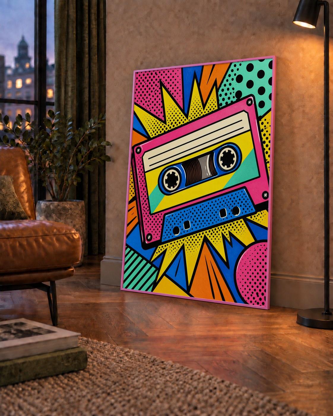 Renkli Kaset Pop Art Poster – Dinamik Çizgi Roman Tasarımı — çerçeveli hâliyle bir ev duvarında
