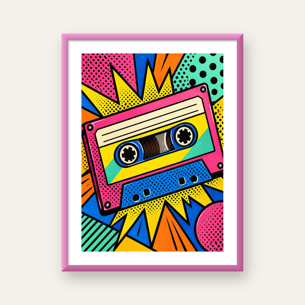 Renkli Kaset Pop Art Poster – Dinamik Çizgi Roman Tasarımı — pembe çerçeveli paspartulu