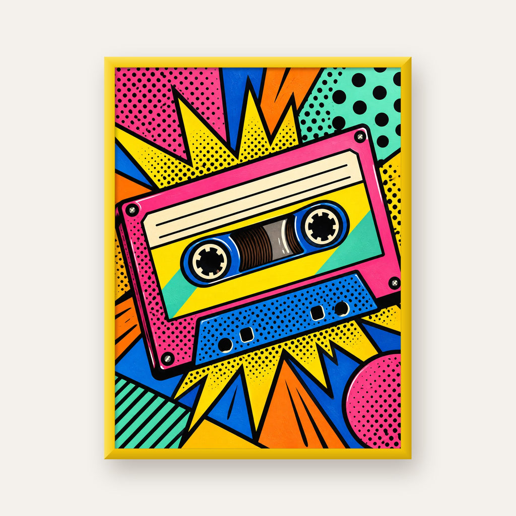 Renkli Kaset Pop Art Poster – Dinamik Çizgi Roman Tasarımı — sarı çerçeveli