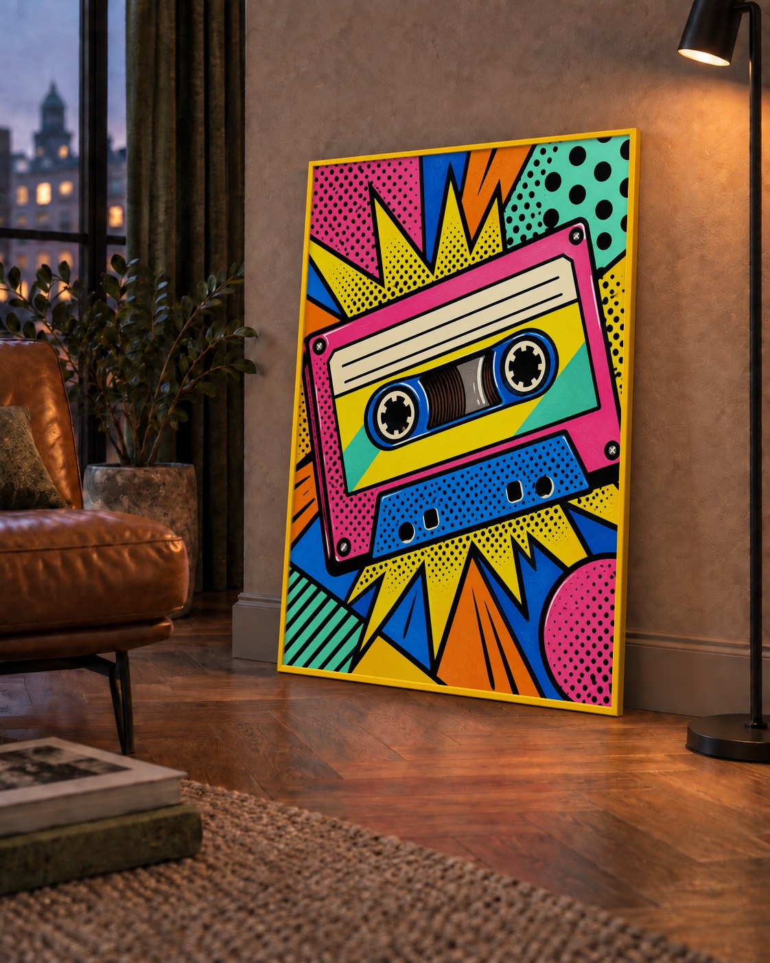 Renkli Kaset Pop Art Poster – Dinamik Çizgi Roman Tasarımı — çerçeveli hâliyle bir ev duvarında
