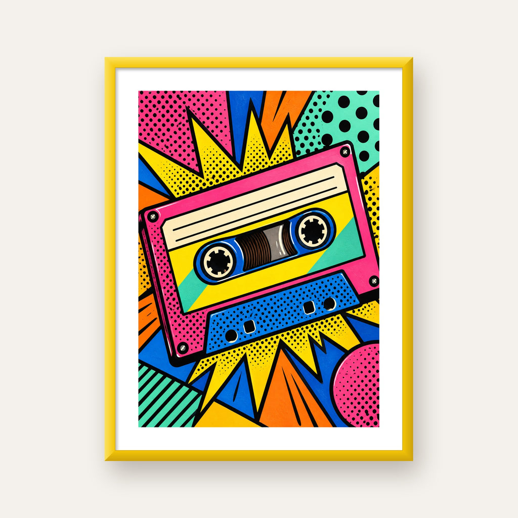 Renkli Kaset Pop Art Poster – Dinamik Çizgi Roman Tasarımı — sarı çerçeveli paspartulu