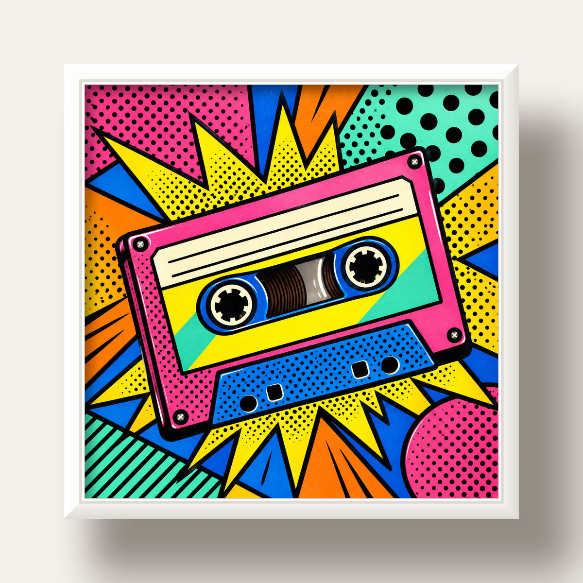 Renkli Kaset Pop Art Poster – Dinamik Çizgi Roman Tasarımı — beyaz derin çerçeveli