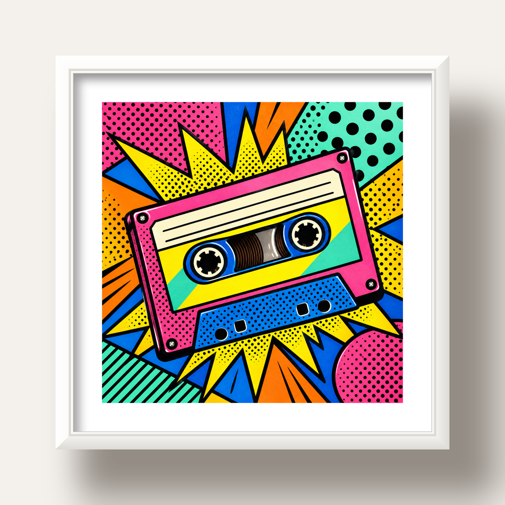 Renkli Kaset Pop Art Poster – Dinamik Çizgi Roman Tasarımı — beyaz derin çerçeveli paspartulu