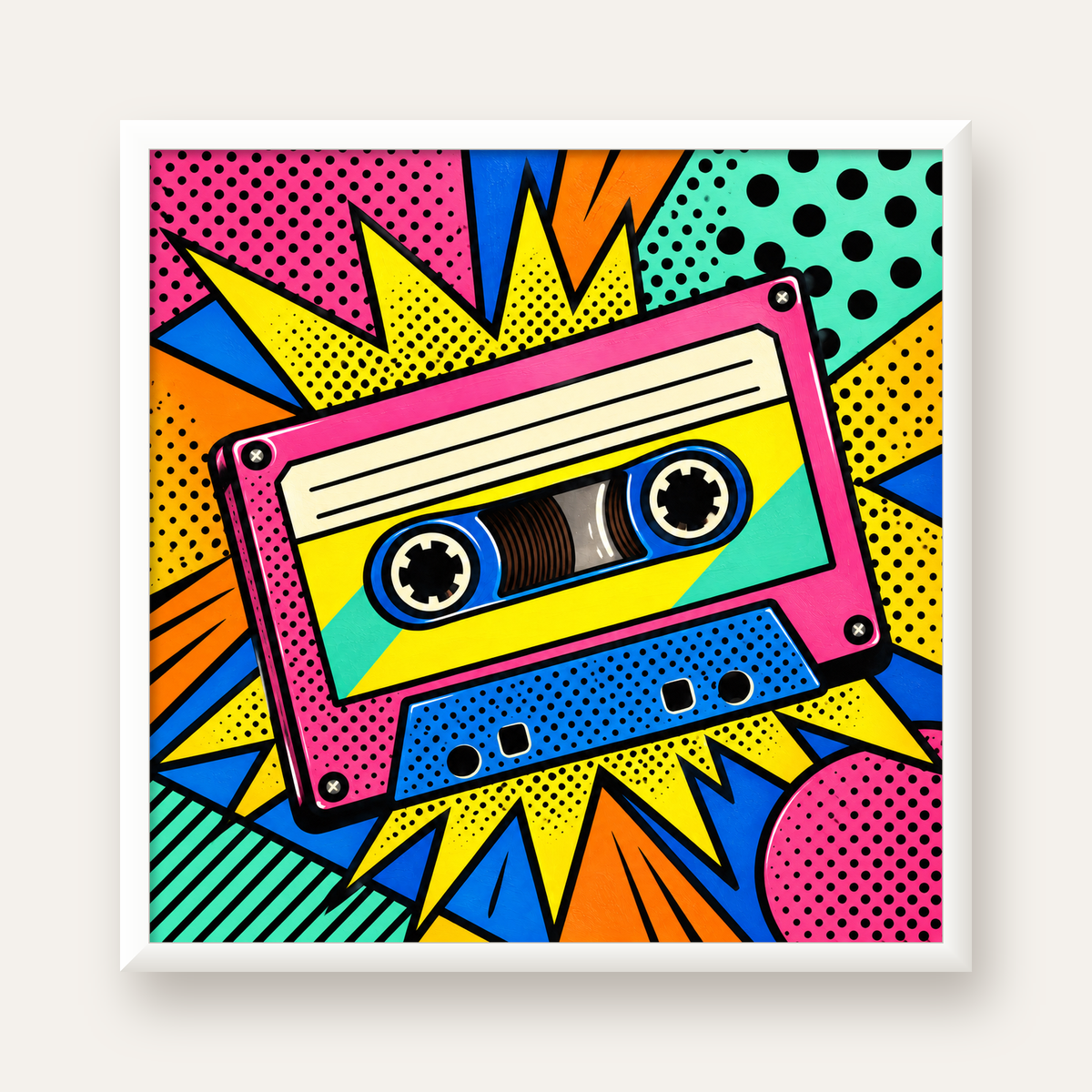 Renkli Kaset Pop Art Poster – Dinamik Çizgi Roman Tasarımı — beyaz çerçeveli kare poster