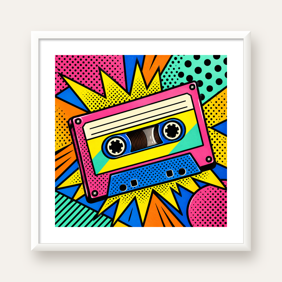 Renkli Kaset Pop Art Poster – Dinamik Çizgi Roman Tasarımı — beyaz çerçeveli kare poster