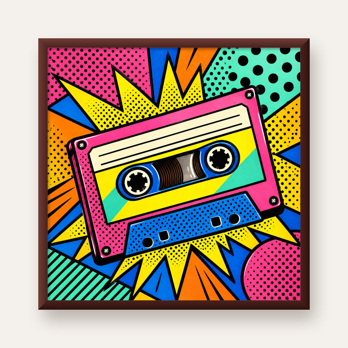 Renkli Kaset Pop Art Poster – Dinamik Çizgi Roman Tasarımı — ceviz çerçeveli