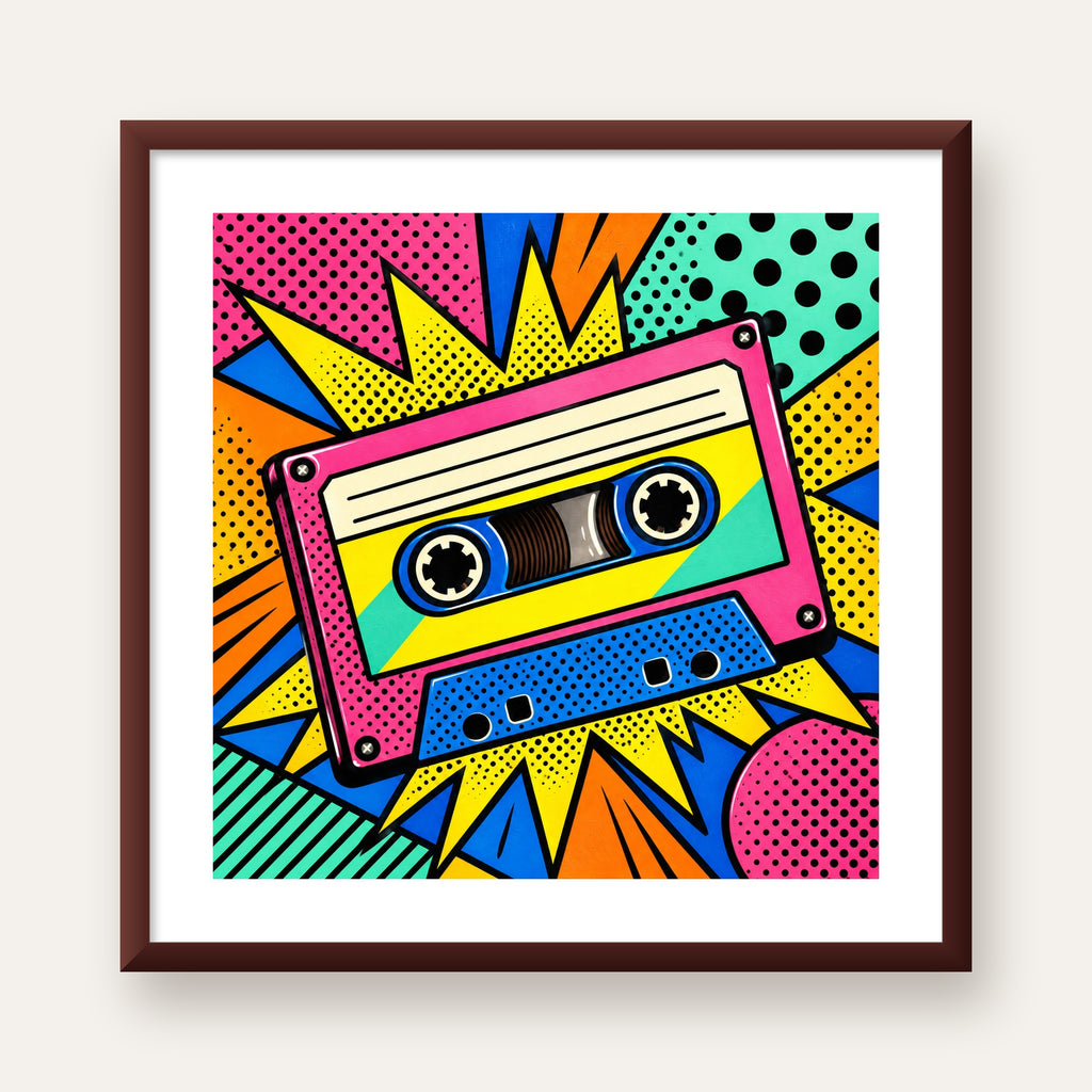 Renkli Kaset Pop Art Poster – Dinamik Çizgi Roman Tasarımı — ceviz çerçeveli paspartulu