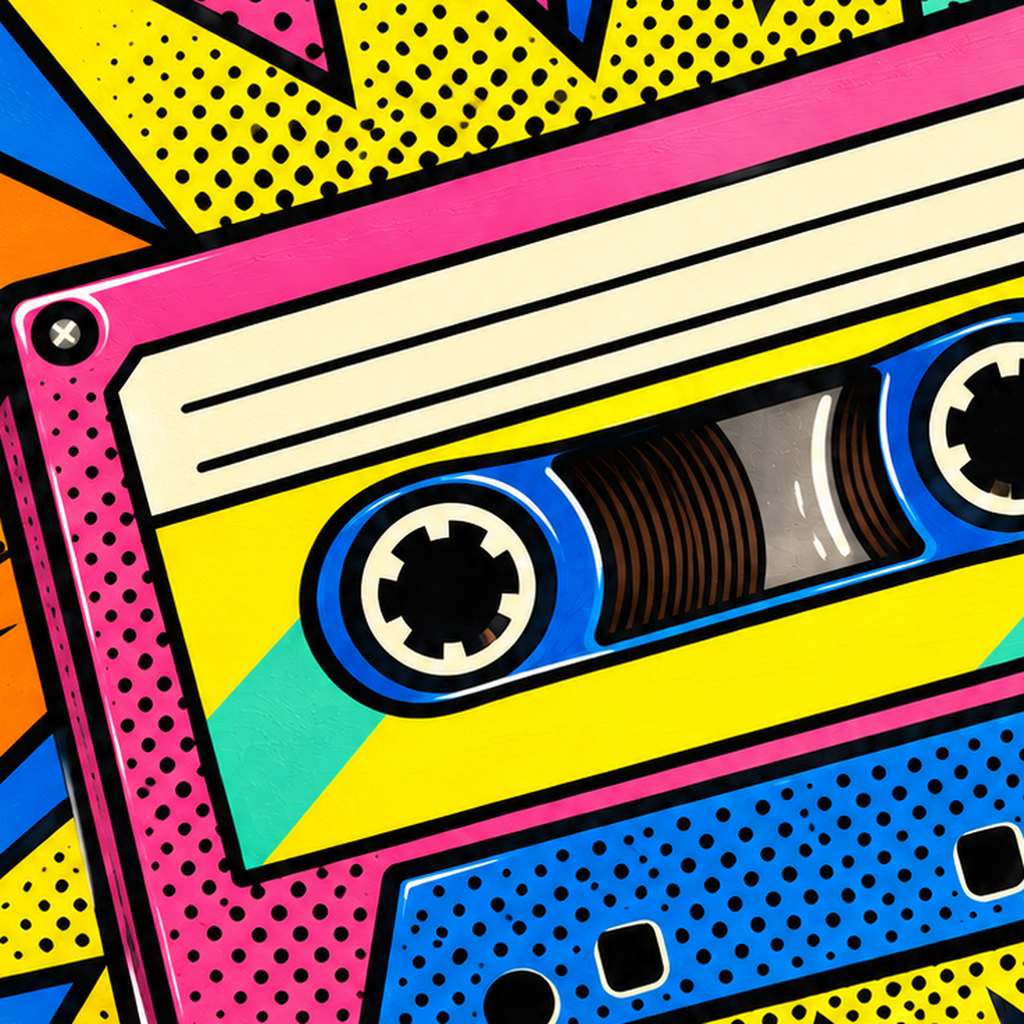 Renkli Kaset Pop Art Poster – Dinamik Çizgi Roman Tasarımı — baskının yakın çekimi, kâğıt dokusu ve renk detayı