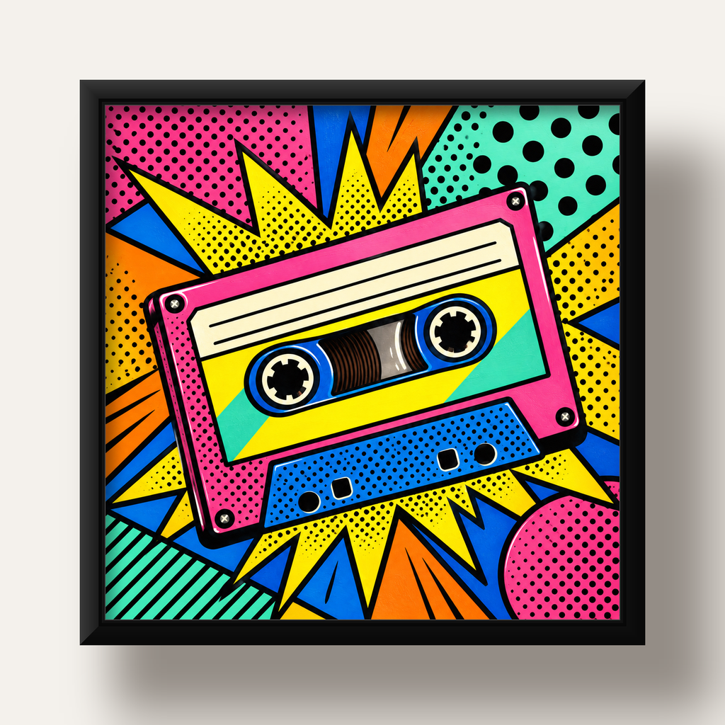 Renkli Kaset Pop Art Poster – Dinamik Çizgi Roman Tasarımı — siyah derin çerçeveli