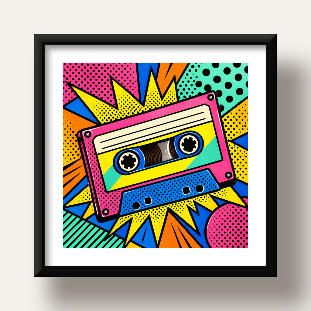 Renkli Kaset Pop Art Poster – Dinamik Çizgi Roman Tasarımı — siyah derin çerçeveli paspartulu