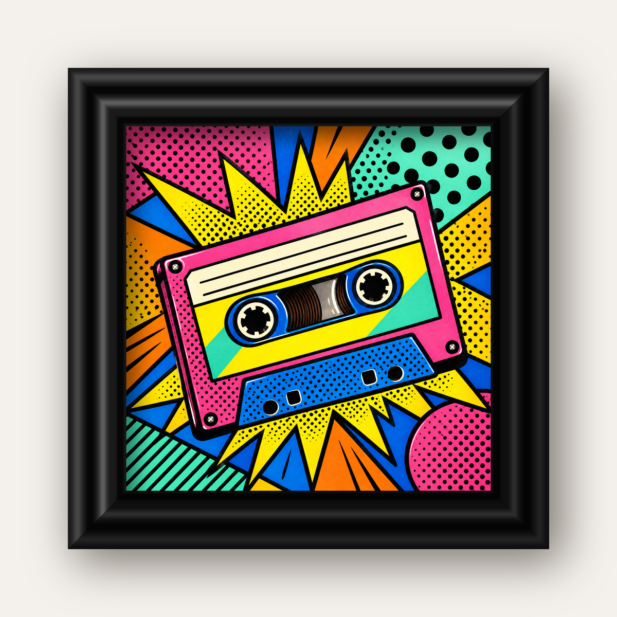Renkli Kaset Pop Art Poster – Dinamik Çizgi Roman Tasarımı — siyah galeri çerçeveli