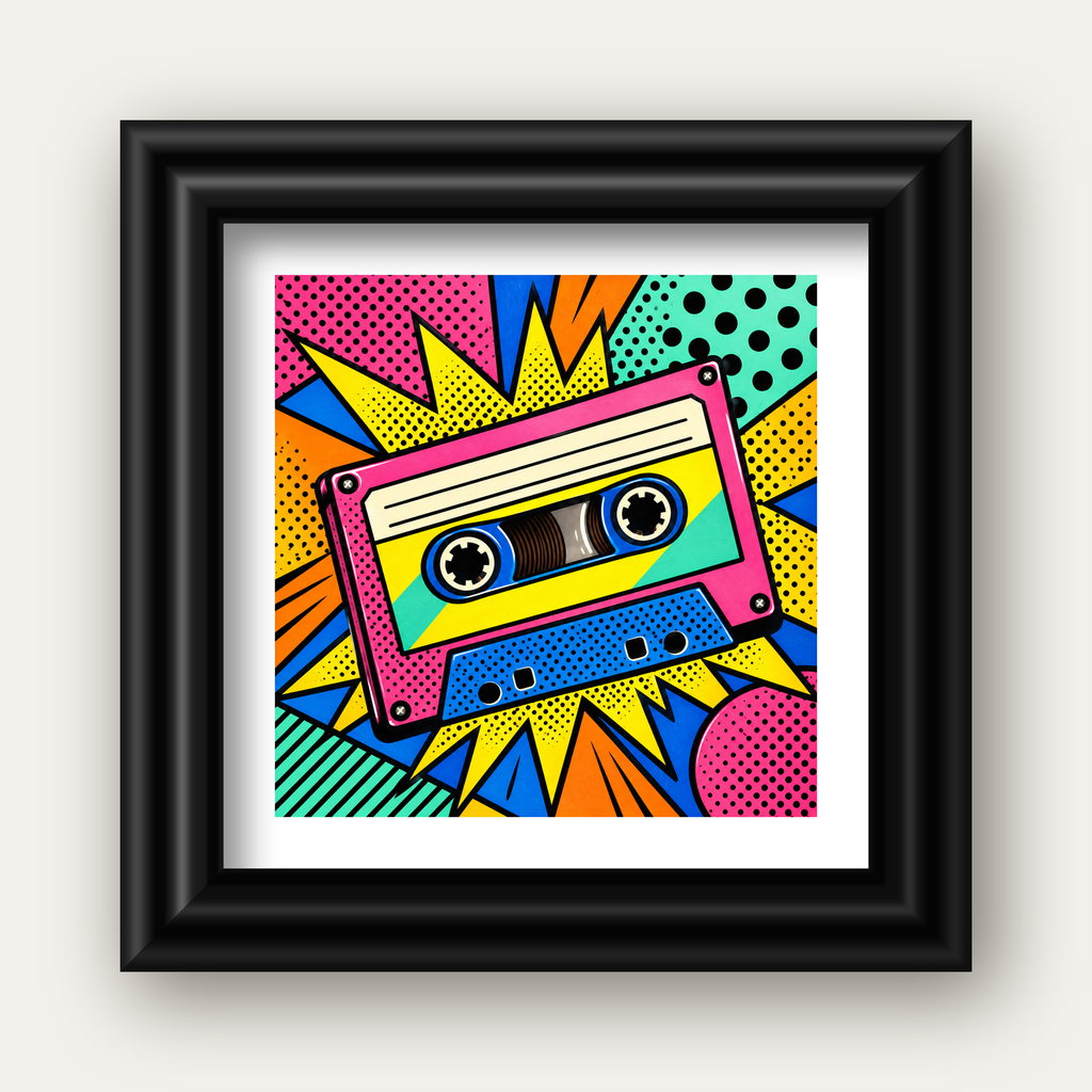 Renkli Kaset Pop Art Poster – Dinamik Çizgi Roman Tasarımı — siyah galeri çerçeveli paspartulu