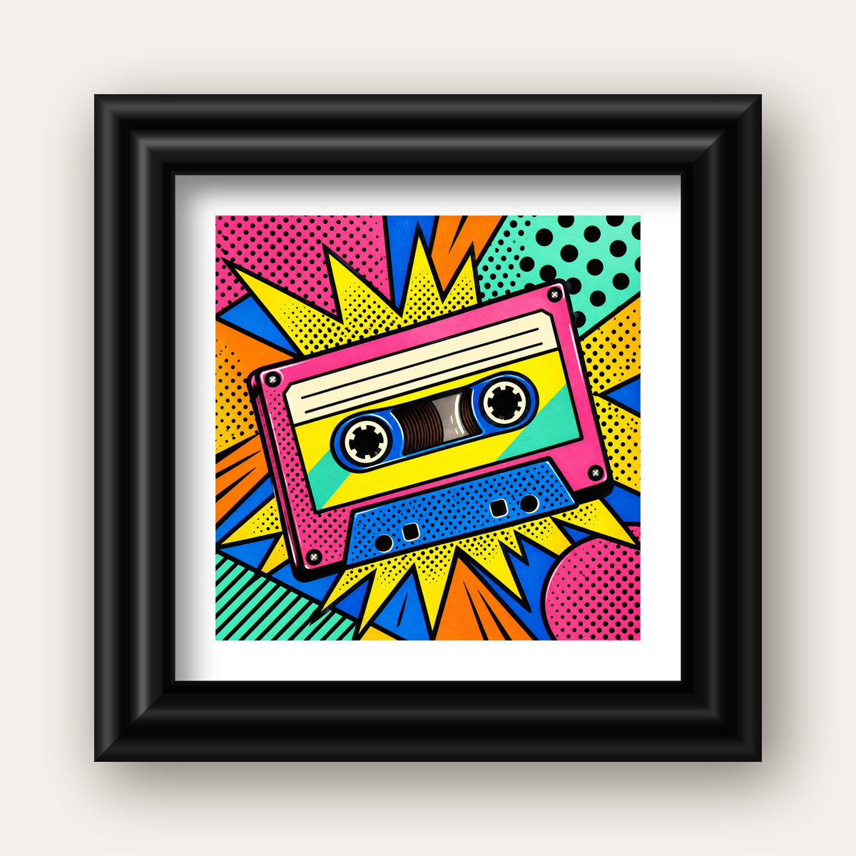 Renkli Kaset Pop Art Poster – Dinamik Çizgi Roman Tasarımı — siyah galeri çerçeveli paspartulu
