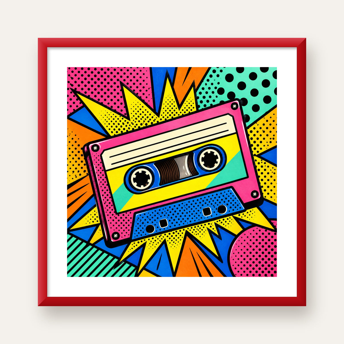 Renkli Kaset Pop Art Poster – Dinamik Çizgi Roman Tasarımı — kırmızı çerçeveli paspartulu